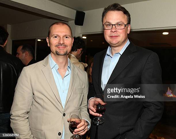 Mio Vukovic of AAM and CEO of Kobalt Music Willard Ahdritz attend the Friends N Family Dinner at The Jack Warner Estate on February 10, 2011 in Los...