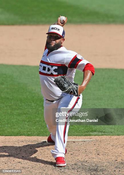 Kelvin Herrera of the Chicago White Sox pitches against the Minnesota Twins at Guaranteed Rate Field on July 26, 2020 in Chicago, Illinois. The Twins...