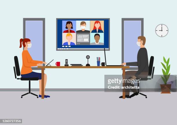 ilustraciones, imágenes clip art, dibujos animados e iconos de stock de reunión de oficina con video conferencia, - computer virus