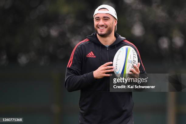 Bryn Hall reacts during a Crusaders Super Rugby training session at Rugby Park on July 28, 2020 in Christchurch, New Zealand.