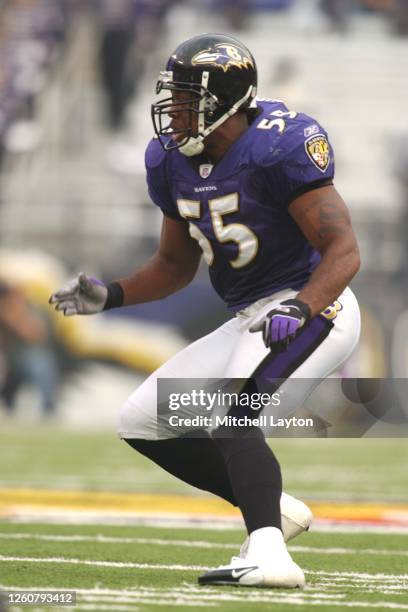 Terrell Suggs of the Baltimore Ravens in position during a NFL football game against the Dallas Cowboys on November 21, 2004 at M & T Bank Stadium in...