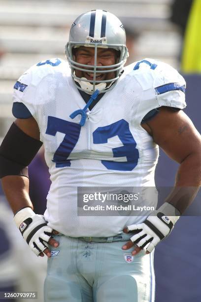 Larry Allen of the Dallas Cowboys looks on before a NFL football game against the Baltimore Ravens on November 21, 2004 at M & T Bank Stadium in...