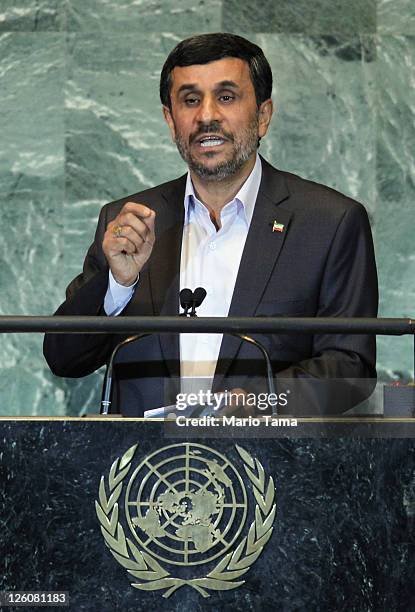 The President of Iran Mahmoud Ahmadinejad speaks during the United Nations General Assembly at UN headquarters on September 22, 2011 in New York...