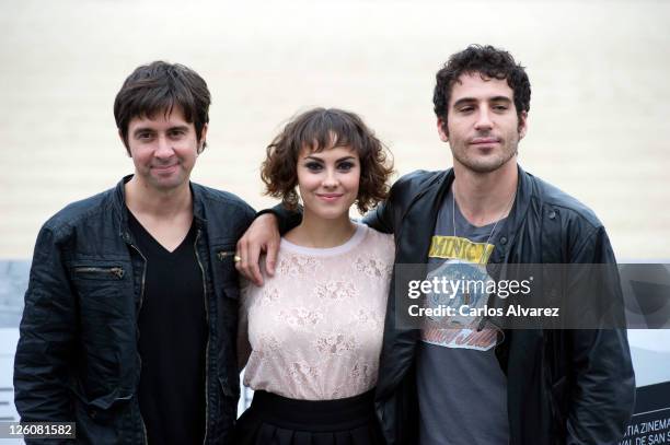 Spanish director Eduardo Chapero Jackson, actress Alba Garcia and actor Miguel Angel Silvestre attend "Verbo" photocall at the Kursaal Palace during...