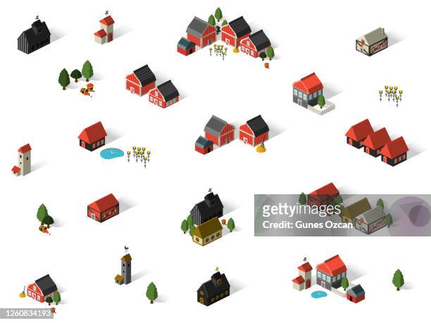 isometric farm houses - isometric town stock illustrations