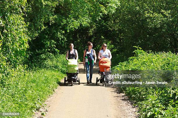 three mums walking with their babies - s0ulsurfing stock pictures, royalty-free photos & images