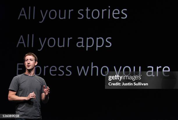 Facebook CEO Mark Zuckerberg delivers a keynote address during the Facebook f8 conference on September 22, 2011 in San Francisco, California....