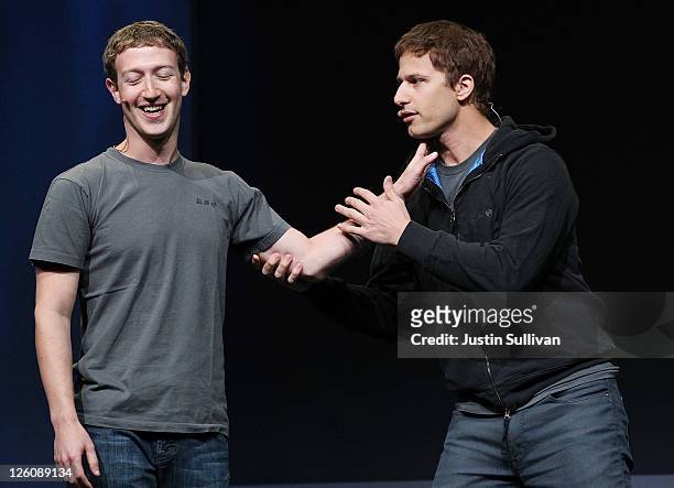 Facebook CEO Mark Zuckerberg jokes with comedian Andy Samberg during a keynote address during the Facebook f8 conference on September 22, 2011 in San...