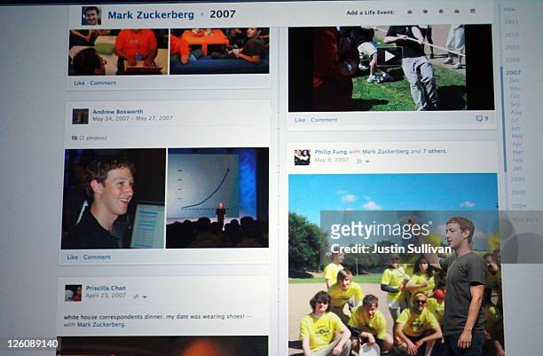 Facebook CEO Mark Zuckerberg shows off the new Timeline as he delivers a keynote address during the Facebook f8 conference on September 22, 2011 in...