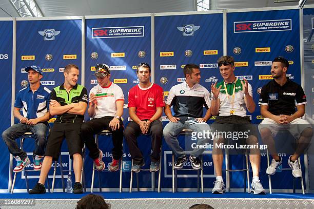 The riders speak during the official presentation of the SBK race at the Paddock Show during the Superbike World Championship Round Eleven at...