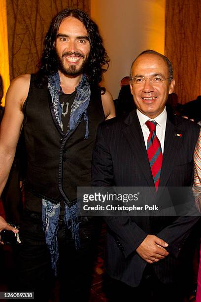 Angeles, California. CA Russell Brand and President of Mexico Felipe Calderon attend the Los Angeles premier of the forthcoming public television...