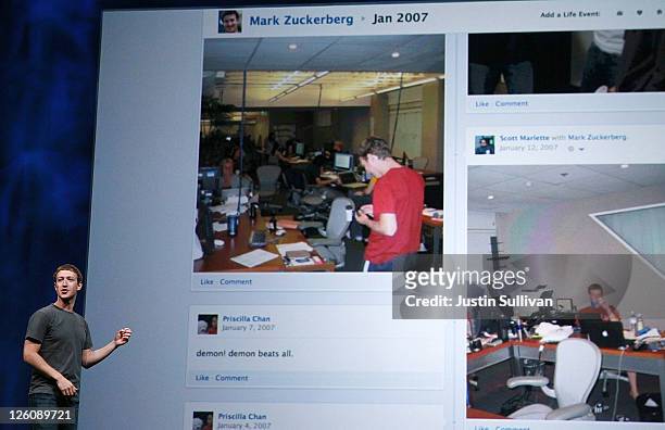 Facebook CEO Mark Zuckerberg announces Timeline as he delivers a keynote address during the Facebook f8 conference on September 22, 2011 in San...
