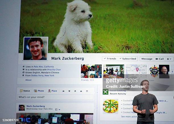 Facebook CEO Mark Zuckerberg announces Timeline as he delivers a keynote address during the Facebook f8 conference on September 22, 2011 in San...