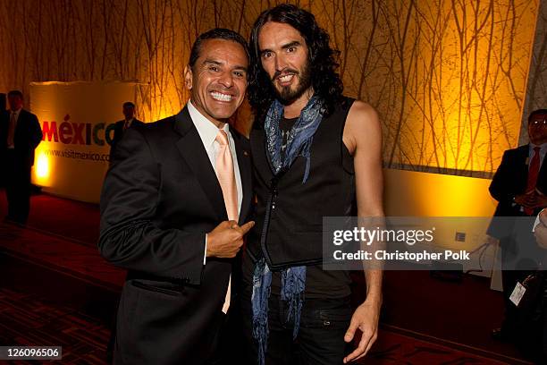 Mayor of Los Angeles Antonio Villaraigosa and Russell Brand celebrate their favorite destination at the LA premiere of "Mexico: The Royal Tour" at JW...