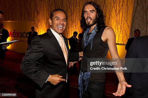 Mayor of Los Angeles Antonio Villaraigosa and Russell Brand celebrate their favorite destination at the LA premiere of "Mexico: The Royal Tour" at JW...