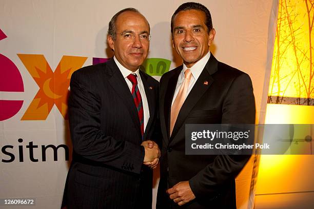 President of Mexico Felipe Calderon with Mayor of Los Angeles Antonio Villaraigosa attend the Los Angeles premier of the forthcoming public...