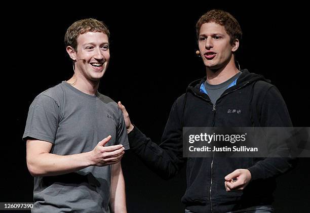 Facebook CEO Mark Zuckerberg jokes with comedian Andy Samberg during a keynote address during the Facebook f8 conference on September 22, 2011 in San...