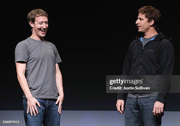 Facebook CEO Mark Zuckerberg jokes with comedian Andy Samberg during a keynote address during the Facebook f8 conference on September 22, 2011 in San...