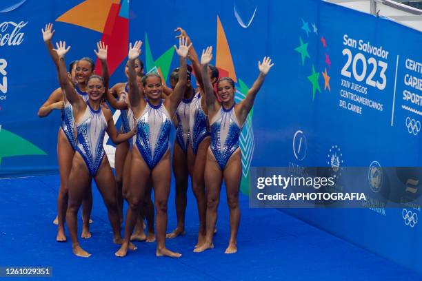 Team El Salvador greets the public during the Team Free Final of Artistic Swimming competition as part of the 2023 Central American and Caribbean...