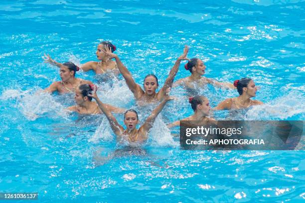 Team Colombia competes during the Team Free Final of Artistic Swimming competition as part of the 2023 Central American and Caribbean Games at...