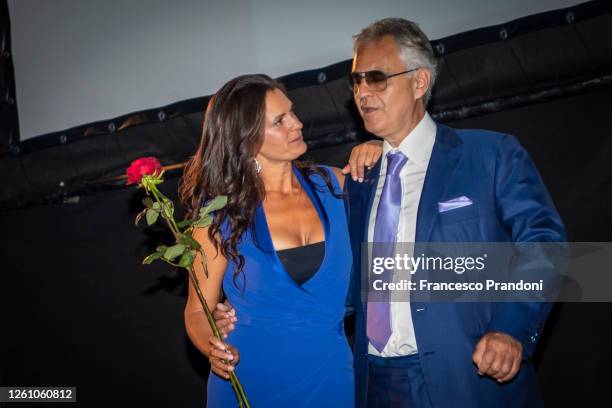 Andrea Bocelli and his wife Veronica Berti attend the presentation of the show "Il Virus Che Ci Rende Folli" of Bernard- Henry Lévy at the...