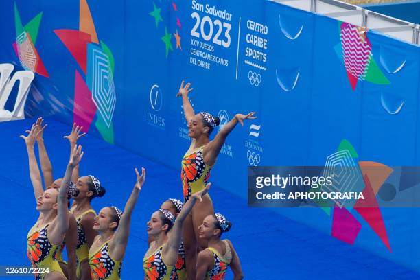 Team Mexico competes during the Team Free Final of Artistic Swimming competition as part of the 2023 Central American and Caribbean Games at Merliot...