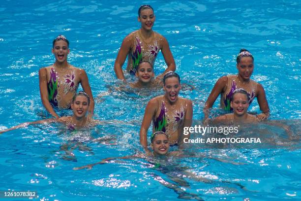 Team Cuba competes during the Team Free Final of Artistic Swimming competition as part of the 2023 Central American and Caribbean Games at Merliot...