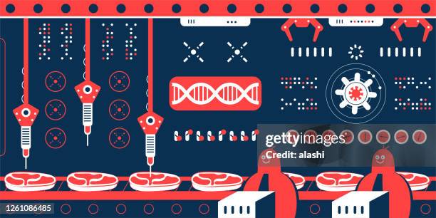 scientist (engineer, biochemist) team making cultured meat (artificial meat, in vitro meat, lab-grown burger) in a factory with production line.  genetic engineering, genetic modification, gmo and gene manipulation concept - conjugation biological process stock illustrations