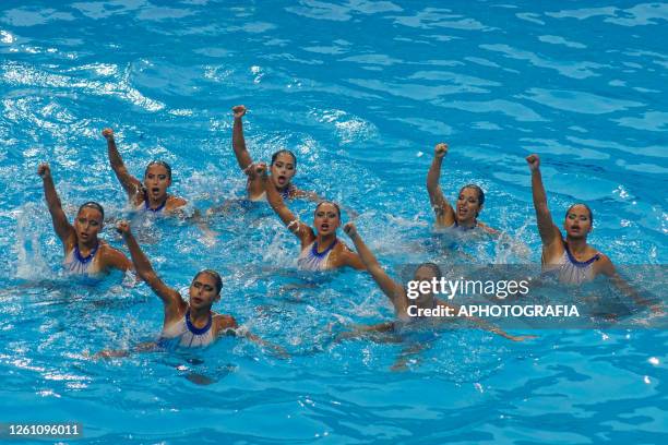 Team El Salvador competes during the Team Free Final of Artistic Swimming competition as part of the 2023 Central American and Caribbean Games at...