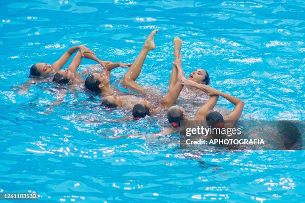 Team Colombia competes during the Team Free Final of Artistic Swimming competition as part of the 2023 Central American and Caribbean Games at...