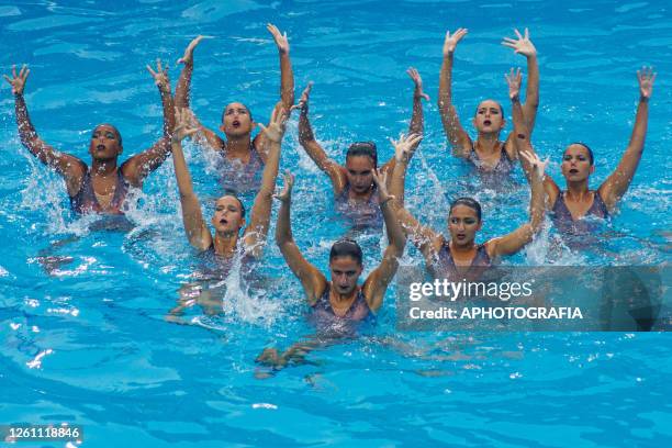 Team Aruba competes during the Team Free Final of Artistic Swimming competition as part of the 2023 Central American and Caribbean Games at Merliot...