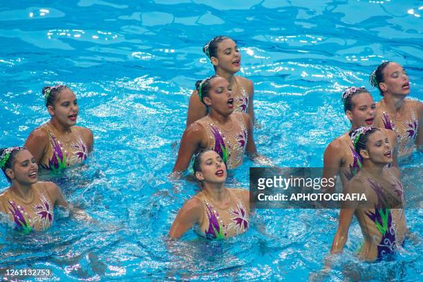 Team Cuba competes during the Team Free Final of Artistic Swimming competition as part of the 2023 Central American and Caribbean Games at Merliot...