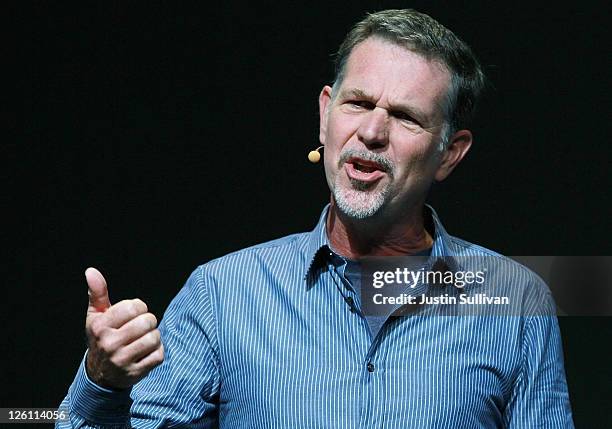 Netflix CEO Reed Hastings makes an appearance during a keynote address by Facebook CEO Mark Zuckerberg at the Facebook f8 conference on September 22,...