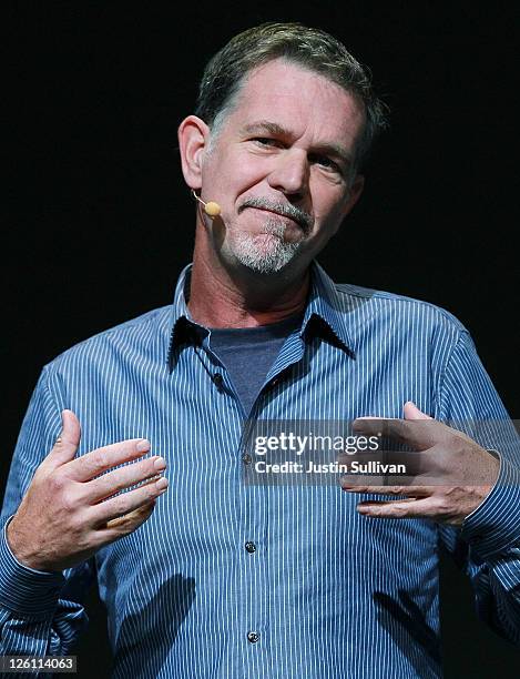 Netflix CEO Reed Hastings makes an appearance during a keynote address by Facebook CEO Mark Zuckerberg at the Facebook f8 conference on September 22,...