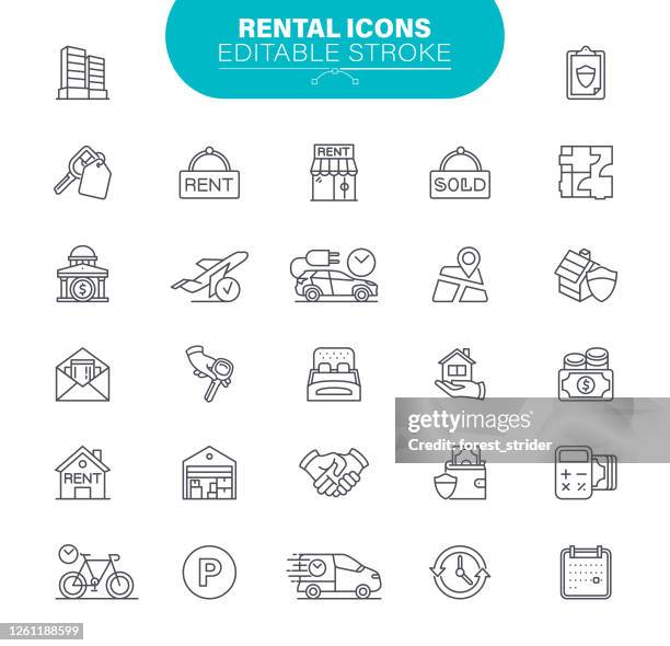 rental editable icons. in set symbol as real estate, keys, mortgage, household, illustration - reserved sign stock illustrations