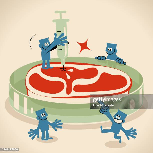 wissenschaftler (ingenieur, biochemiker) team, das kultiviertes fleisch (künstliches fleisch, in-vitro-fleisch, im labor angebauten burger) in einer großen petrischale herstellt. gentechnik, genmodifikation, gvo und genmanipulationskonzept - bulk test stock-grafiken, -clipart, -cartoons und -symbole