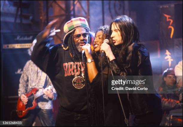George Clinton, Denise Johnson and Bobby Gillespie and Primal Scream performing at NBC TV Studios, NYC 20 July 1996.