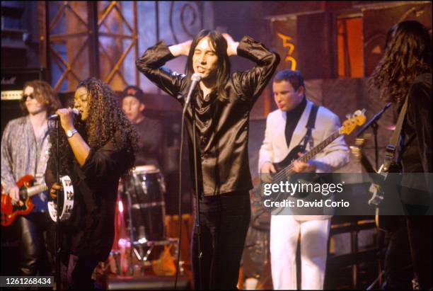 Primal Scream with Denise Johnson and Bobby Gillespie on vocals performing at NBC TV Studios, NYC 20 July 1996.