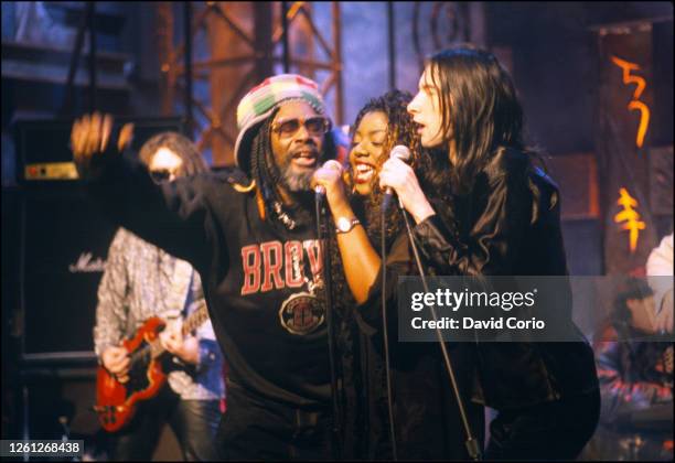 George Clinton, Denise Johnson and Bobby Gillespie and Primal Scream performing at NBC TV Studios, NYC 20 July 1996.