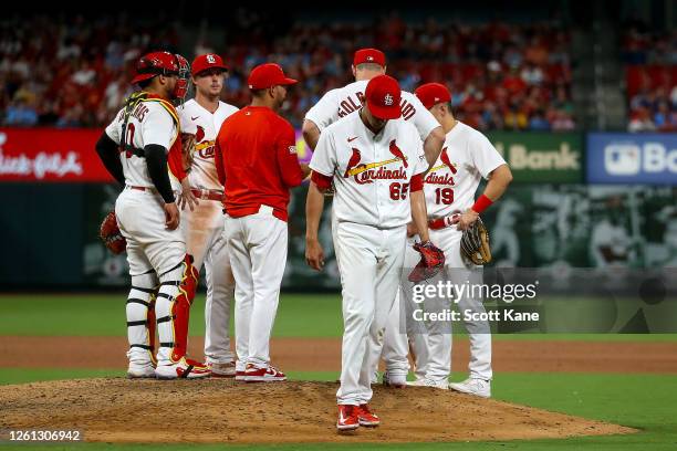 Pitcher Giovanny Gallegos of the St. Louis Cardinals is taken out of the game in the eighth inning against the Houston Astros at Busch Stadium on...