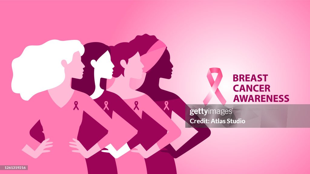 Borstkanker Bewustzijn. Roze banner. De verschillende Vrouwen blijven samen op roze achtergrond met Roze lint. Het concept van ondersteuning, informatie en zachte hulp. Moderne vectorillustratie.