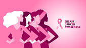 Breast Cancer Awareness. Pink banner. Different Women stay together on pink background with Pink ribbon. The concept of support, information and gentle help. Modern vector illustration.