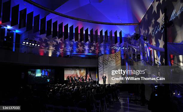 Former U.S. Secretary of Defense Dr. Robert M. Gates makes remarks after receiving the 2011 Liberty Medal at the National Constitution Center...