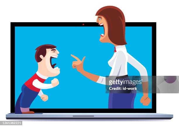 boy arguing with mother via laptop - family fighting cartoon stock illustrations