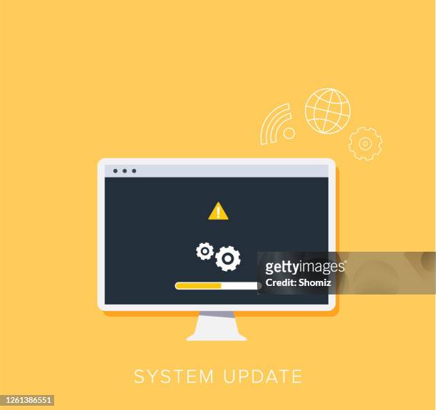 ilustraciones, imágenes clip art, dibujos animados e iconos de stock de mejora de la actualización del sistema cambiar software de nueva versión. - sistema operativo
