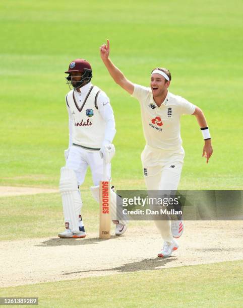 Stuart Broad of England celebrates after taking the wicket of Kraigg Brathwaite of West Indies for his 500th Test Wicket during Day Five of the Ruth...