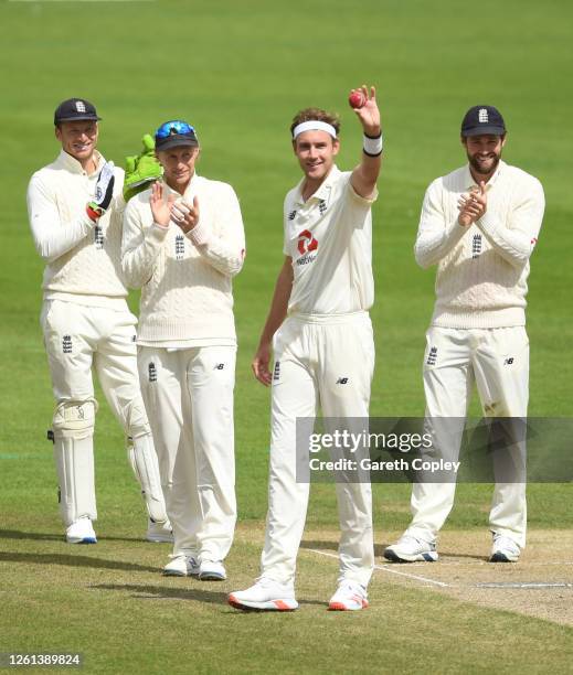 Stuart Broad of England celebrates after taking the wicket of Kraigg Brathwaite of West Indies for his 500th Test Wicket during Day Five of the Ruth...