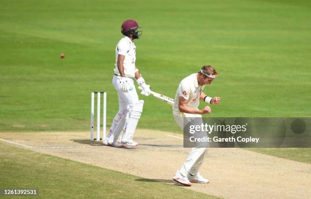 Stuart Broad of England celebrates after taking the wicket of Kraigg Brathwaite of West Indies for his 500th Test Wicket during Day Five of the Ruth...