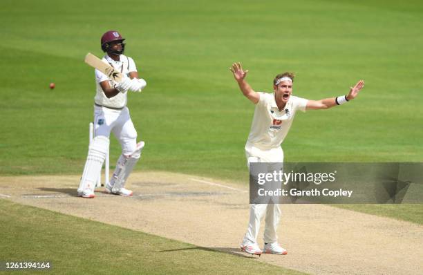 Stuart Broad of England appeals successfully for the wicket of Kraigg Brathwaite of West Indies for his 500th Test Wicket during Day Five of the Ruth...