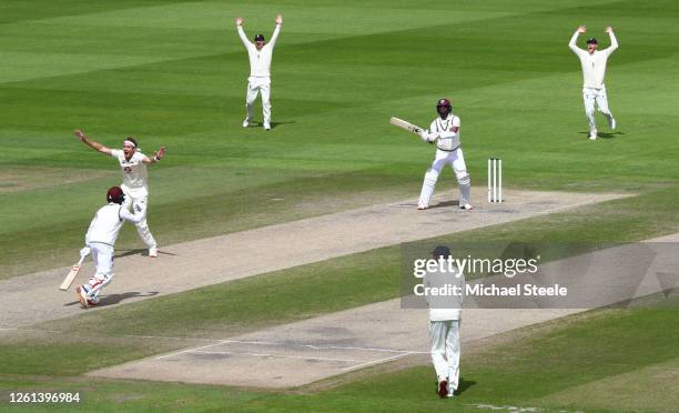 Stuart Broad of England appeals successfully for the wicket of Kraigg Brathwaite of West Indies for his 500th Test Wicket during Day Five of the Ruth...